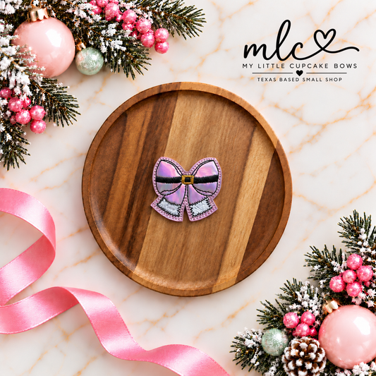 Pink Holo Santa Belt Bow Feltie Clip
