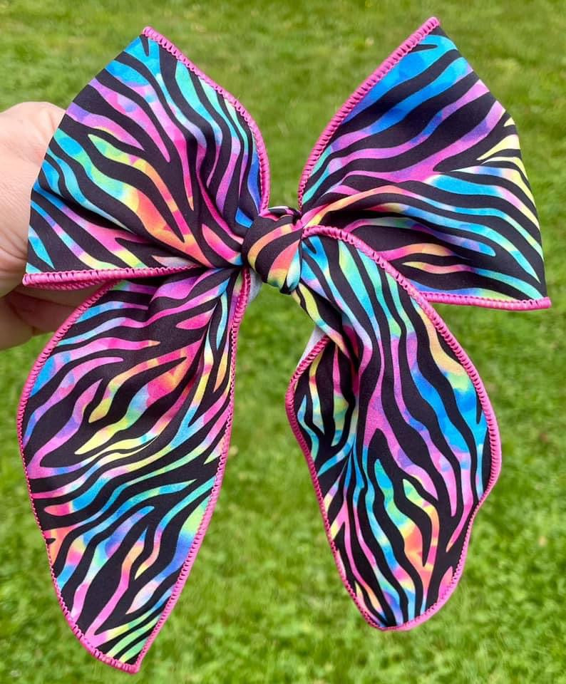 Rainbow Watercolor Zebra 5-6in Serged Hand Tied Bow