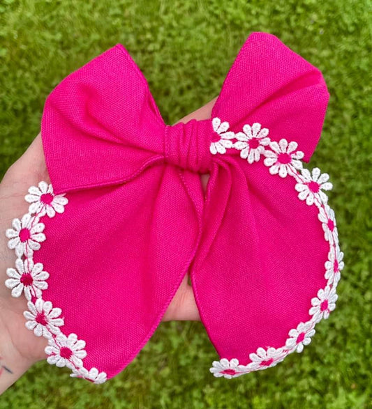 Hot Pink Embroidered Daisies 4.5in Serged Hand Tied Bow