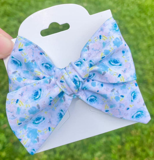 Blue Floral 4in Hand Tied Bow