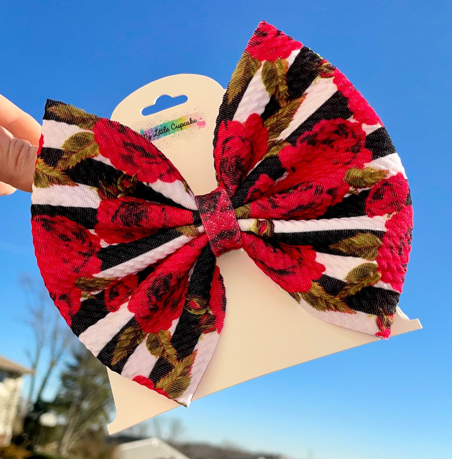 Roses & Black Stripes Fabric Bow