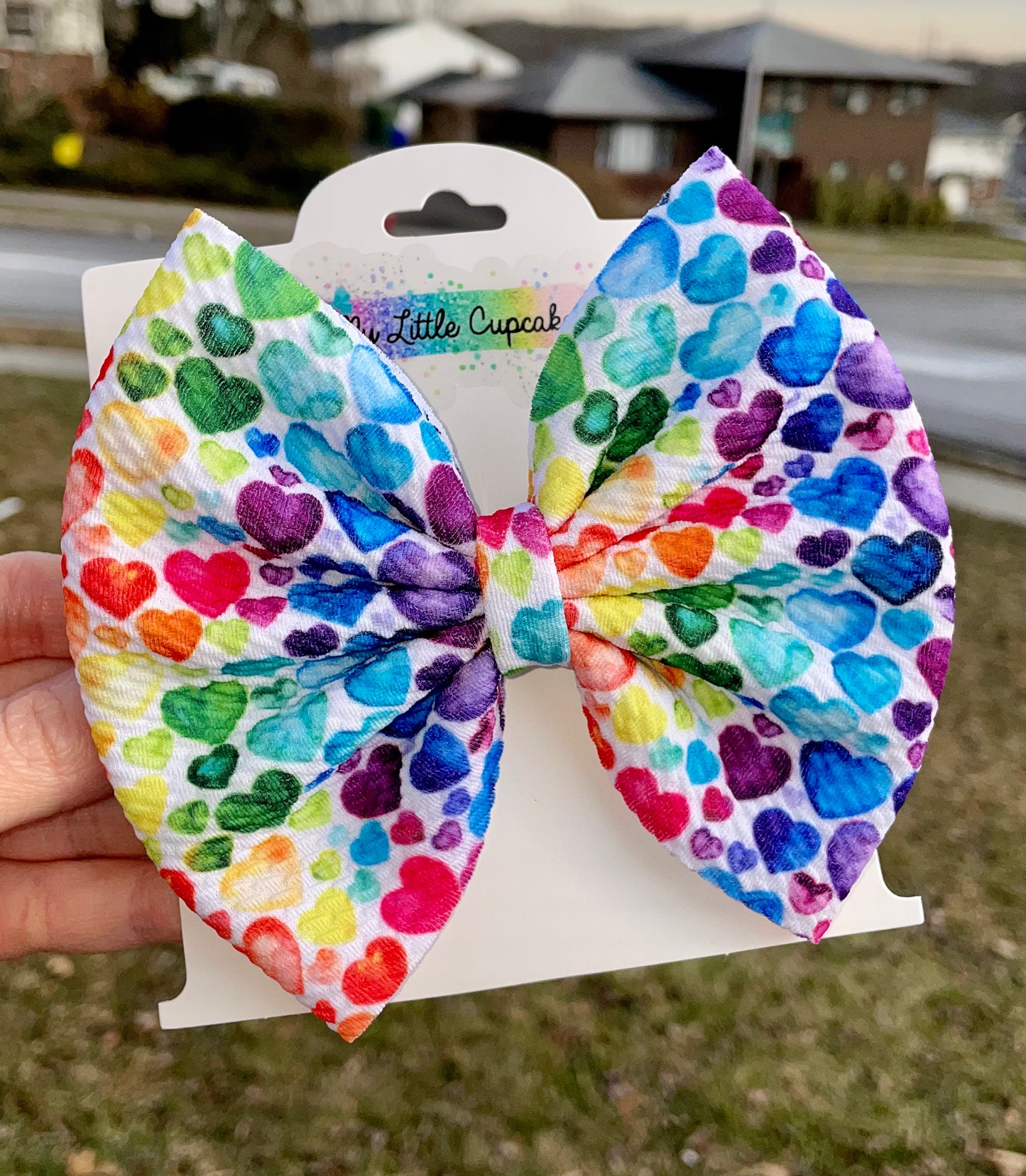 Rainbow Hearts Fabric Bow